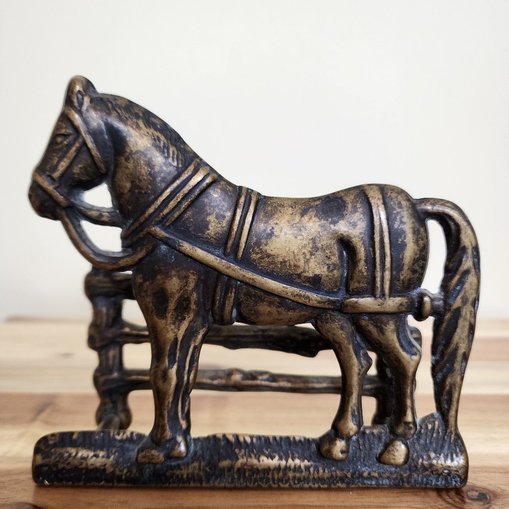 Art Nouveau Vintage Brass Horse Letter Napkin Holder Fence Aged Brass MCM Farm